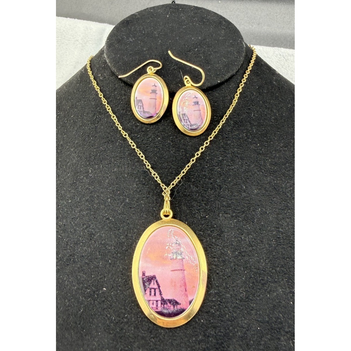 Signed Necklace Earrings Set Painted Lighthouse Pink Gold Tone 18"